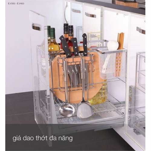 Giá dao thớt nan dẹt inox bóng cao cấp ray giảm chấn Eurogold ES61235